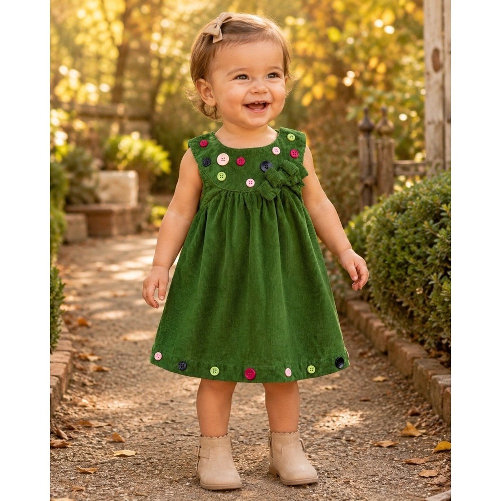 Gymboree Baby Girls Green Corduroy Button Dress 12-18 Months Holiday